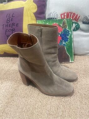 Suede Mid-Calf Heel Boots - Taupe